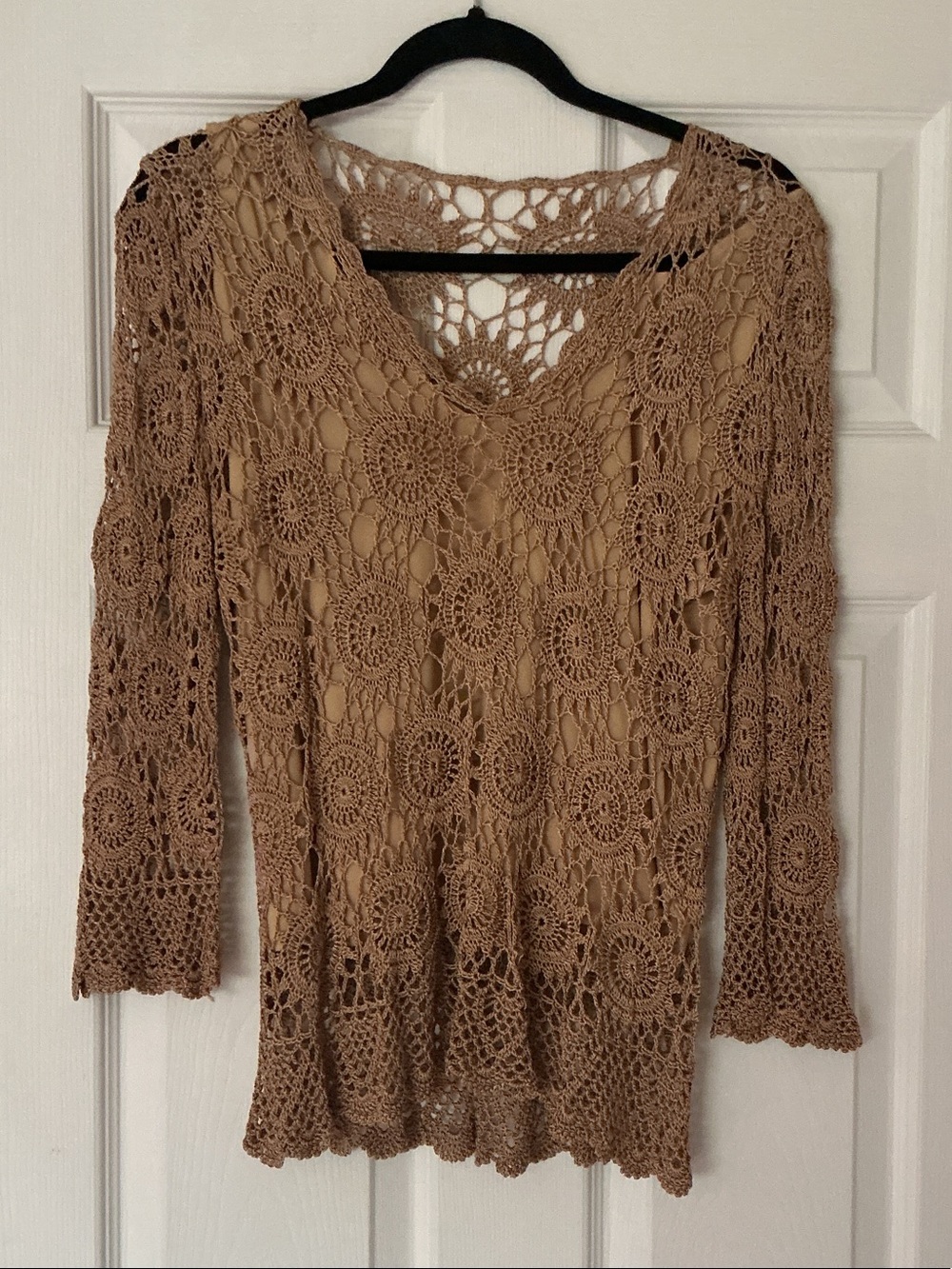 Crochet Lace V-Neck Tunic Top in Tan